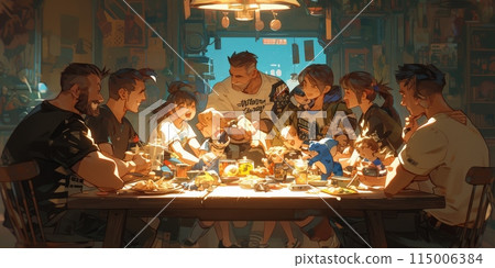 Family dinner is a heartwarming experience of joy and togetherness, uniting everyone at home Family dinner is a heartwarming experience of joy and togetherness, uniting everyone at home 115006384