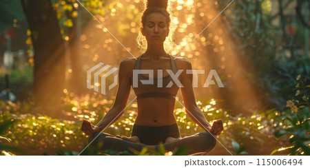 Woman meditating in lotus position in a peaceful forest Woman meditating in lotus position in a peaceful forest 115006494