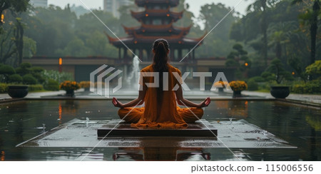 A woman in lotus position by a fountain in the rain 115006556