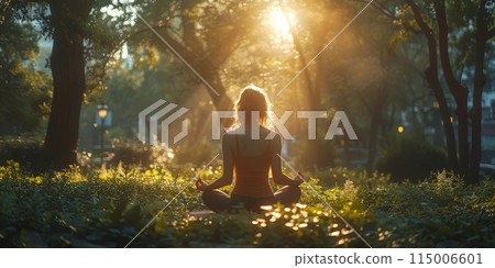 Woman sitting crosslegged in park, sun shining through the trees 115006601