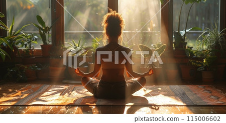 A woman is sitting in lotus position on a yoga mat by a window 115006602