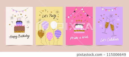 Happy birthday card set with cake, balloons and calligraphy. Cute bright vector templates 115006649