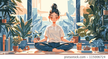 Pixel art of a girl meditating by a window with potted plants Pixel art of a girl meditating by a window with potted plants 115006724
