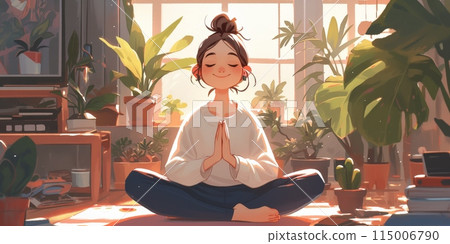 A pixel art of a girl meditating in lotus position with closed eyes 115006790