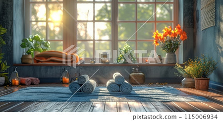 Room with rug, candles, flowers, and a window for natural light 115006934