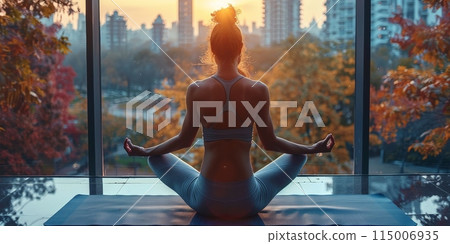 A woman is in lotus position on a yoga mat by a window 115006935
