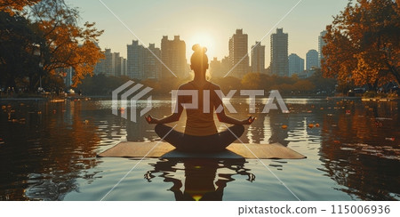 A person is meditating in a lotus position on a yoga mat floating in the water 115006936