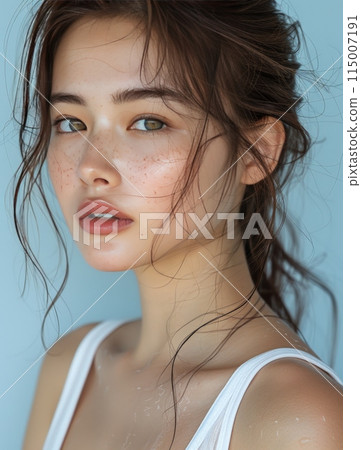 Asian woman skin care model on blue background. Asian woman skin care model on blue background. 115007191