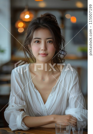 Asian woman skin care model on blue background. Asian woman skin care model on blue background. 115007199