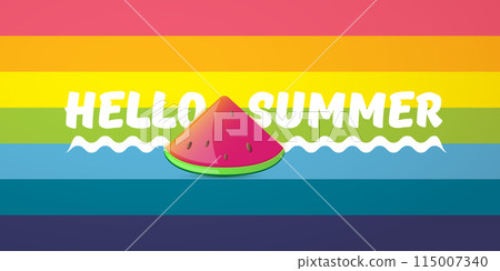 Vector Hello Summer Beach Party horizontal banner Design template with fresh watermelon slice isolated on rainbow background. Hello summer concept label or poster with fruit and typographic text. 115007340