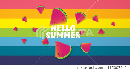Vector Hello Summer Beach Party horizontal banner Design template with fresh watermelon slice isolated on rainbow background. Hello summer concept label or poster with fruit and typographic text. 115007341