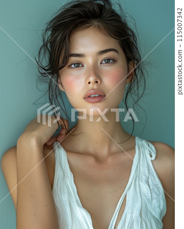 Asian woman skin care model on blue background. 115007342