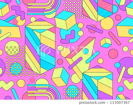 Memphis geometric seamless pattern with 3D shapes in 80s and 90s style. Colorful candy color palette. Isometric geometric 3D shapes. Design for wallpapers, banners and posters. Vector illustration 115007367