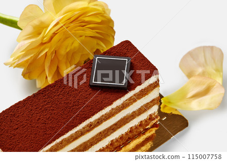 Elegant tiramisu slice with yellow flower on white background Elegant tiramisu slice with yellow flower on white background 115007758