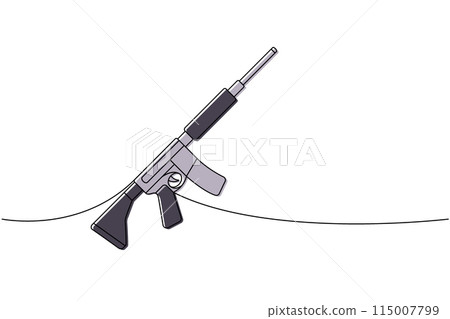 Automatic assault rifle one line colored continuous drawing. Various modern weapons continuous one line illustration. Vector linear illustration. 115007799