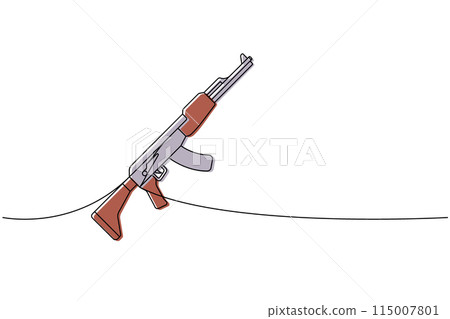 Assault rifle AK 47 one line colored continuous drawing. Various modern weapons continuous one line illustration. Vector linear illustration. 115007801