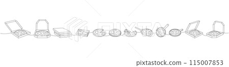 Pizza set one line continuous drawing. Whole and pieces italian pizzas continuous one line illustration. 115007853