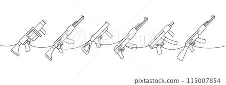 Military weapons one line continuous drawing. Grenade launcher, assault rifle AK 47, tactical assault rifles continuous one line illustration. Vector linear illustration. 115007854