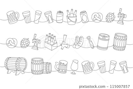 Set of brewery one line continuous drawing. Wooden barrels, cans, glasses, mugs, metal keg, bottle opener, sausages, tap, hop cone. Set of brewery one line continuous drawing. Wooden barrels, cans, glasses, mugs, metal keg, bottle opener, sausages, tap, hop cone. 115007857