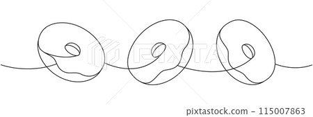 Donut set. Take away donuts one line continuous drawing. Bakery sweet pastry food. Vector linear illustration. 115007863