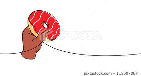 Hand holds a donut one line colored continuous drawing. Bakery sweet pastry food. Vector linear illustration. Hand holds a donut one line colored continuous drawing. Bakery sweet pastry food. Vector linear illustration. 115007867