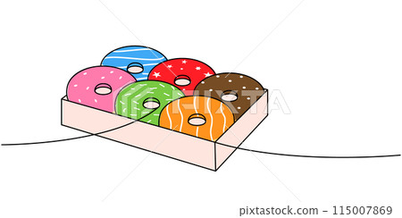 Donuts in open box one line colored continuous drawing. Bakery sweet pastry food. Vector linear illustration. Donuts in open box one line colored continuous drawing. Bakery sweet pastry food. Vector linear illustration. 115007869