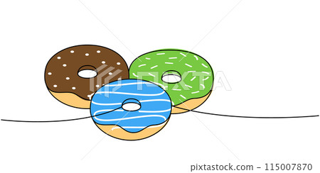 Donuts with icing one line colored continuous drawing. Bakery sweet pastry food. Vector linear illustration Donuts with icing one line colored continuous drawing. Bakery sweet pastry food. Vector linear illustration 115007870