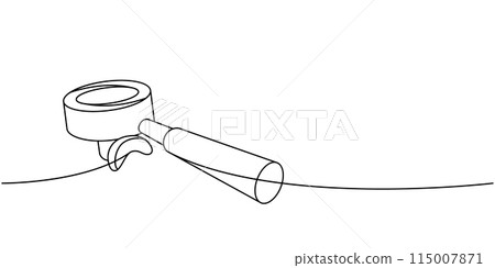 Portafilter for coffee machine one line continuous drawing. Hand drawn elements for cafe menu, coffee shop. Vector linear illustration. Portafilter for coffee machine one line continuous drawing. Hand drawn elements for cafe menu, coffee shop. Vector linear illustration. 115007871