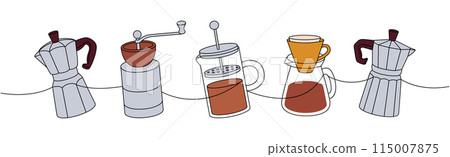 Coffee shop set one line colored continuous drawing. Small coffee grinder, French press, coffee makers continuous one line colored illustration. Coffee shop set one line colored continuous drawing. Small coffee grinder, French press, coffee makers continuous one line colored illustration. 115007875