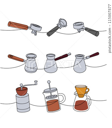 Coffee shop one line colored continuous drawing. Portafilters, Turkish coffee pots, grinders, French press continuous one line colored illustration. 115007877