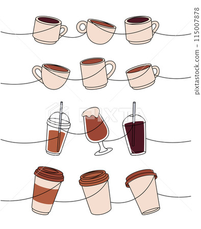 Coffee set one line colored continuous drawing. Takeaway coffee cups, plastic cups continuous one line colored illustration. 115007878