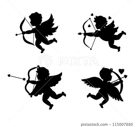 Cupids shooting arrows. Valentine's day. Love symbol. Angel with a wings. Cherubs silhouette. Vector illustration. 115007880