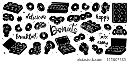 Black donuts set. Glazed doughnuts with sprinkles. Bakery sweet pastry food. Hand drawn elements for confectionery menu, bakery shop. 115007883