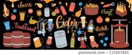 Fruit cider set. Wooden barrels, cans, glasses, mugs, metal keg, bottle opener, tap. Hand drawn craft fruit beer collection. Cider process production. Fruit cider set. Wooden barrels, cans, glasses, mugs, metal keg, bottle opener, tap. Hand drawn craft fruit beer collection. Cider process production. 115007885