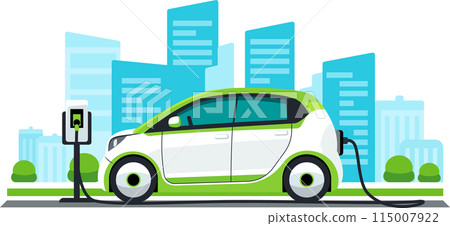 A white and green electric car is charging at a charging station in a city. EV vehicle. 115007922