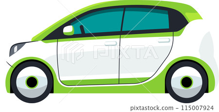 A green and white electric car is being charged at a charging station 115007924