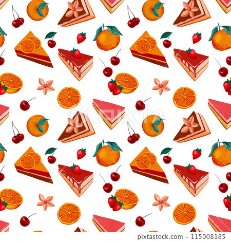 Fruits and Cakes Sweet Tasty Desserts Watercolor Seamless Pattern Fruits and Cakes Sweet Tasty Desserts Watercolor Seamless Pattern 115008185