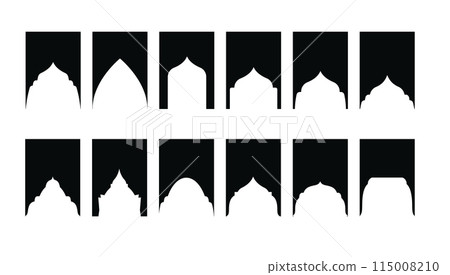 Arabic shapes windows and arches traditional ornament. Set of Islamic shape window frame in retro boho color. Vector 115008210