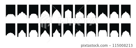 Arabic shapes windows and arches traditional ornament. Set of Islamic shape window frame in retro boho color. Vector Arabic shapes windows and arches traditional ornament. Set of Islamic shape window frame in retro boho color. Vector 115008213