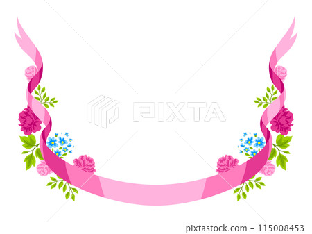Frame with flowers and ribbon. Beautiful decorative natural plants and leaves. Frame with flowers and ribbon. Beautiful decorative natural plants and leaves. 115008453