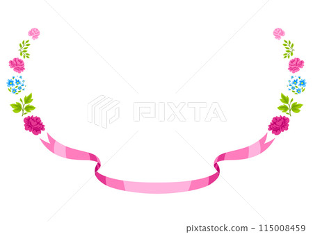 Frame with flowers and ribbon. Beautiful decorative natural plants and leaves. Frame with flowers and ribbon. Beautiful decorative natural plants and leaves. 115008459