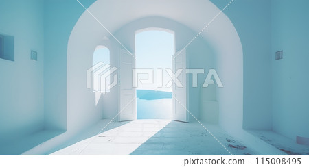 A sunlit door offers a spectacular view of the Mediterranean Sea A sunlit door offers a spectacular view of the Mediterranean Sea 115008495