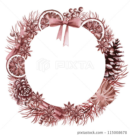 Monochrome round frame, wreath for Christmas, New Year in watercolor illustration on a white background. Hand drawn drawing for the design of Christmas letters, cards, invitations, wreaths. Monochrome round frame, wreath for Christmas, New Year in watercolor illustration on a white background. Hand drawn drawing for the design of Christmas letters, cards, invitations, wreaths. 115008678