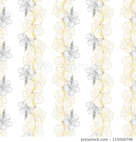 Floral illustration. Hibiscus flower seamless pattern for textile design, scrapbook, wallpaper. Line art black and golden striped hand drawn tropical floral background Floral illustration. Hibiscus flower seamless pattern for textile design, scrapbook, wallpaper. Line art black and golden striped hand drawn tropical floral background 115008796
