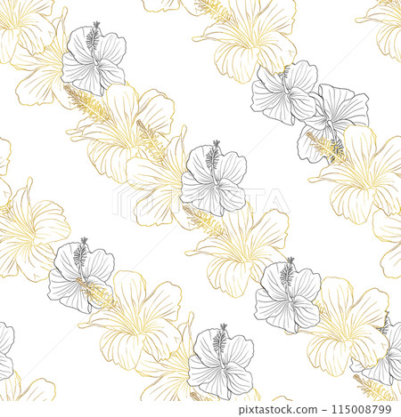 Floral illustration. Hibiscus flower seamless pattern for textile design, scrapbook, wallpaper. Line art black and golden striped hand drawn tropical floral background Floral illustration. Hibiscus flower seamless pattern for textile design, scrapbook, wallpaper. Line art black and golden striped hand drawn tropical floral background 115008799