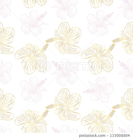 Floral illustration. Hibiscus flower seamless pattern for textile design, scrapbook, wallpaper. Line art black and golden hand drawn tropical floral background 115008804