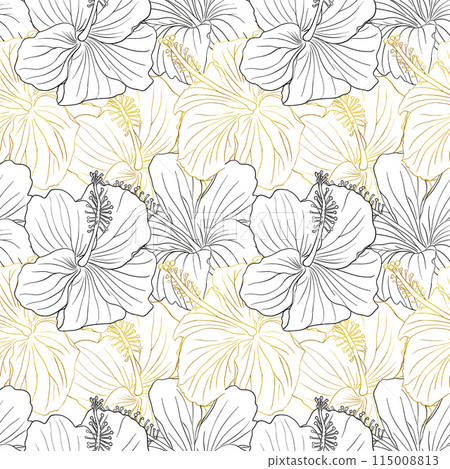 Hibiscus flower seamless pattern for textile design, scrapbook, wallpaper. Line art black and golden hand drawn tropical floral background. 115008813