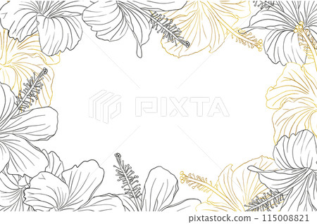 Hibiscus flower frame boarder for design of card, wedding invite, scrapbook. Line art black ink and golden hand drawn tropical floral background. Hibiscus flower frame boarder for design of card, wedding invite, scrapbook. Line art black ink and golden hand drawn tropical floral background. 115008821