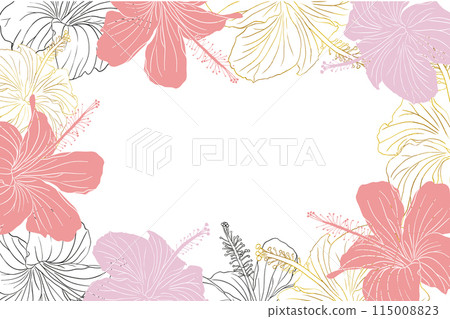 Hibiscus flower frame boarder for design of card, wedding invite, scrapbook. Line art black ink, golden, silhouette and golden hand drawn tropical floral background. Hibiscus flower frame boarder for design of card, wedding invite, scrapbook. Line art black ink, golden, silhouette and golden hand drawn tropical floral background. 115008823