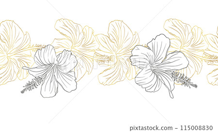 Floral illustration.Hibiscus flower seamless pattern boarder for design of card, invite, scrapbook. Line art pink and golden hand drawn tropical floral background 115008830
